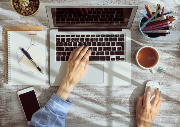 istock Work from home, online shopping, learning. Top view. Distance education. 1247856208