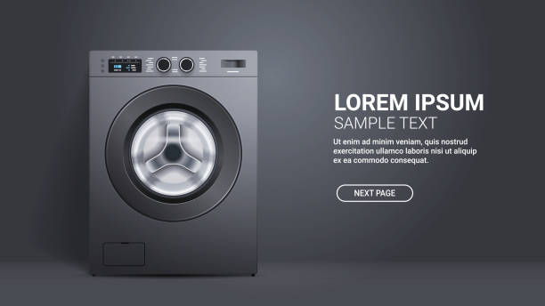 çelik çamaşır makinesi iç mekan konsepti yatay gerçekçi çamaşır makinesi ön görünümü - washing machine stock illustrations