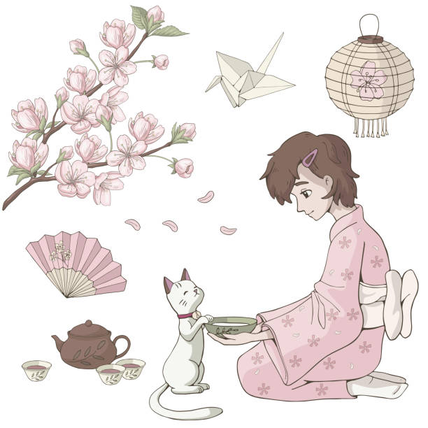 ilustraciones, imágenes clip art, dibujos animados e iconos de stock de rgb básico - chica kimono del anime