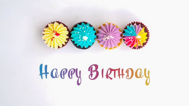 happy birthday cute cupcake on white background - birthday cupcake pastry baking imagens e fotografias de stock