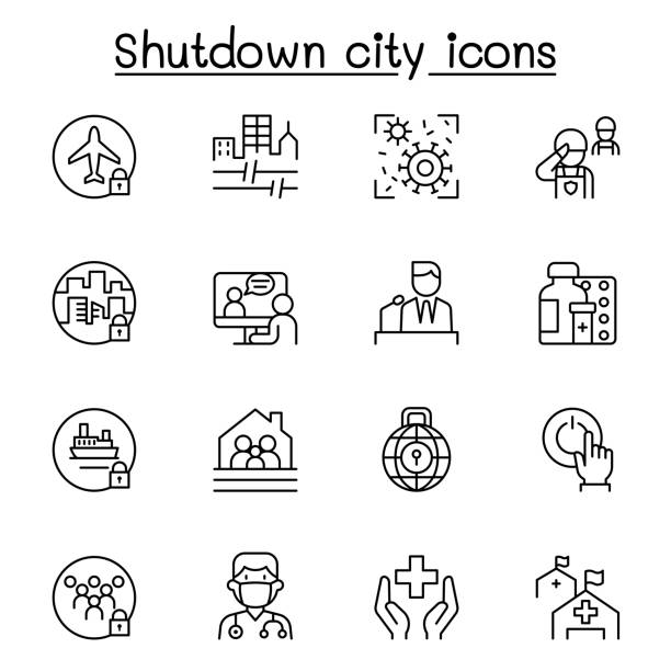 zestaw lock down city z wirusów związanych z ikonami linii wektorowych. zawiera takie ikony jak zamknięcie miasta, kwarantanna stanu, anulowanie lotu, zamknięcie działalności i inne. - government shutdown stock illustrations