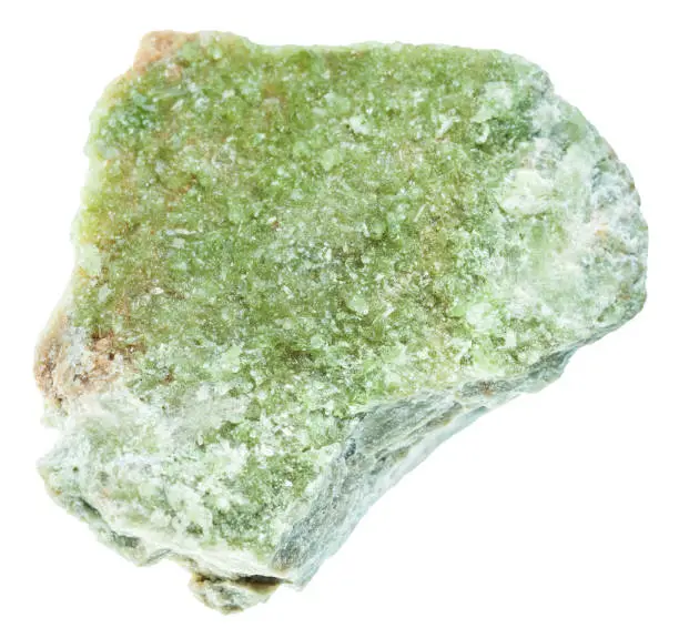 macro shooting of natural mineral rock - raw vesuvianite ( idocrase) stone isolated on white background from Ural mountains, Russia