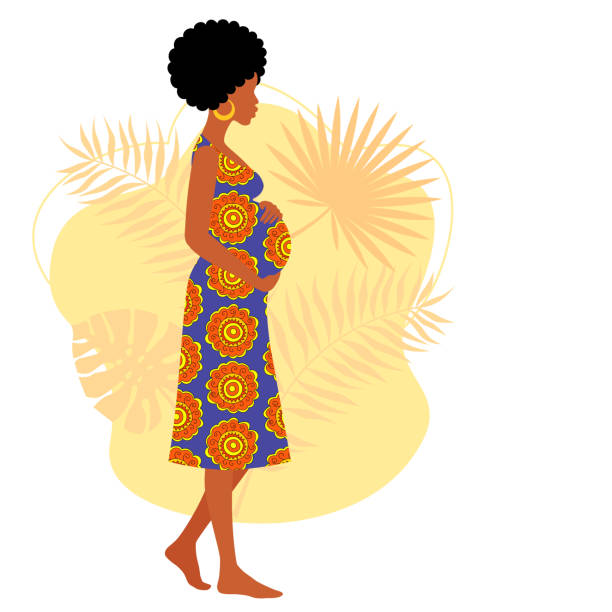 ilustrações de stock, clip art, desenhos animados e ícones de afro american pregnant woman in a bright dress - africana gravida