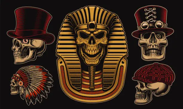 Vector illustration of Set of vector skulls with different characters