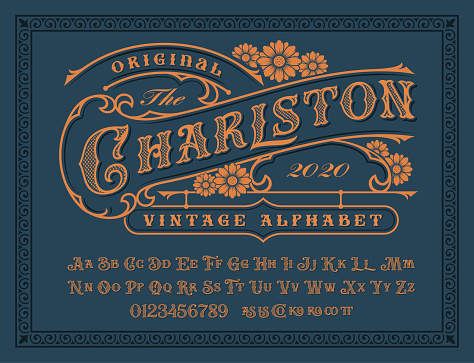 A Vintage alphabet with upper and lower case, numbers, and special ligatures as well. It is perfect for logo and packaging and lable designs, short phrases, or headlines.