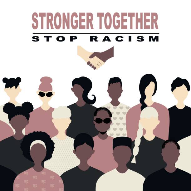 Stop racism and stronger together concept. protests, protest,  African Americans and white people against racism, protest banners and posters about Human Right of Black People in US vector art illustration