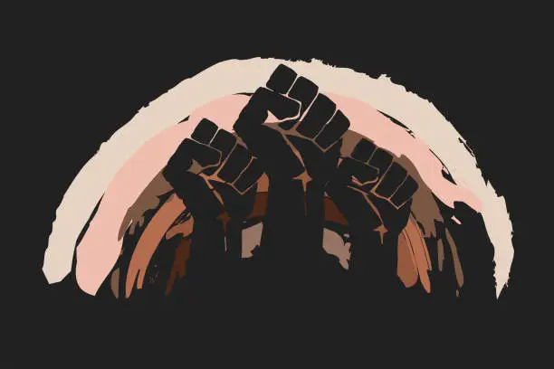 Vector illustration of Fist protesting on background of rainbow in skin colors. No racism concept. Different races protest, interracial community unity.