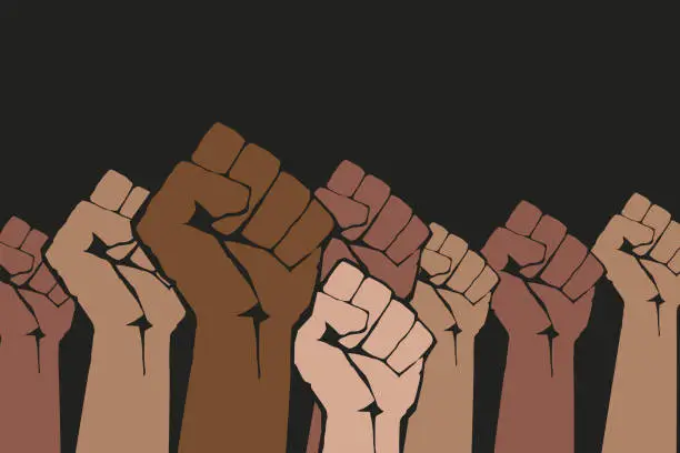 Vector illustration of Stop racism. Many multi colored fist protesting on dark background. Different races hands protest, interracial community unity. Modern vector in flat style. New movement