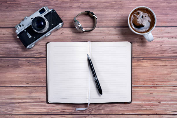 istock Vintage Travel camera and coffee cup with a planner notebook and wrist watch 1247884046