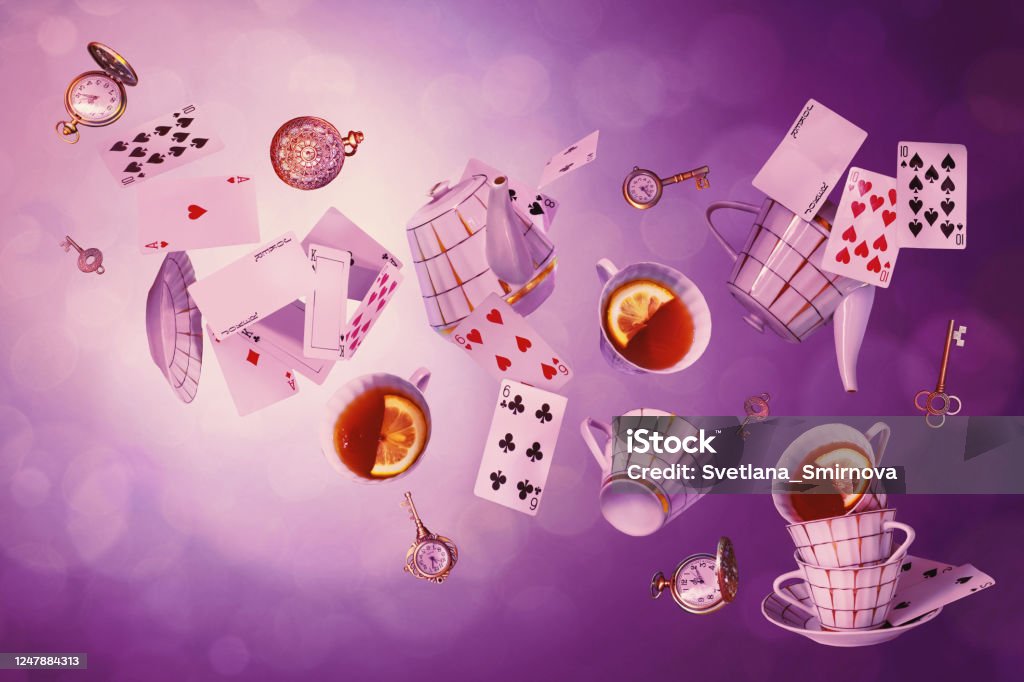 Wonderland background Wonderland background. Mad tea party.Playing cards, pocket watch, key, cup and teapot falling down the rabbit hole. Horizontal banner. Alice in Wonderland - Fictional Character Stock Photo