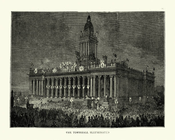 ilustrações, clipart, desenhos animados e ícones de leeds townhall iluminado para receber o príncipe arthur, 1870 - leeds england leeds town hall night uk