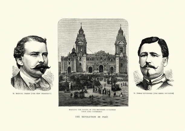 militärputsch peru, 1872, tomas gutierrez hängt von der kathedrale von lima - coup detats stock-grafiken, -clipart, -cartoons und -symbole