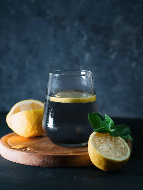 Black lemonade with mint, lemon, charcoal and ice