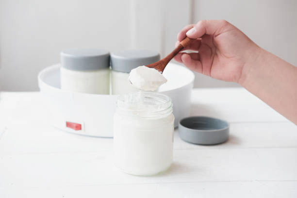 istock baby's hand holding a spoon with homemade organic yogurt. jars in yogurt maker. automatic yogurt machine to make fermented milk product at home. 1247892041