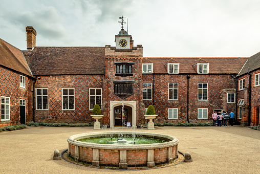 London / UK - September 18 2018: The Fulham Palace and the Tudor courtyard. Its a Grade I listed building with medieval origins and was formerly the principal residence of the Bishop of London.