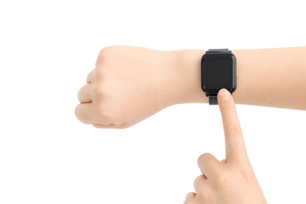 istock Using smart watch on female hand, isolate on a white background, mockup. 1247902434