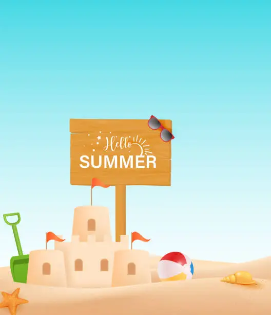 Vector illustration of Summer brush lettering Hello Summer with cute sand castle. Vector beach summer illustration