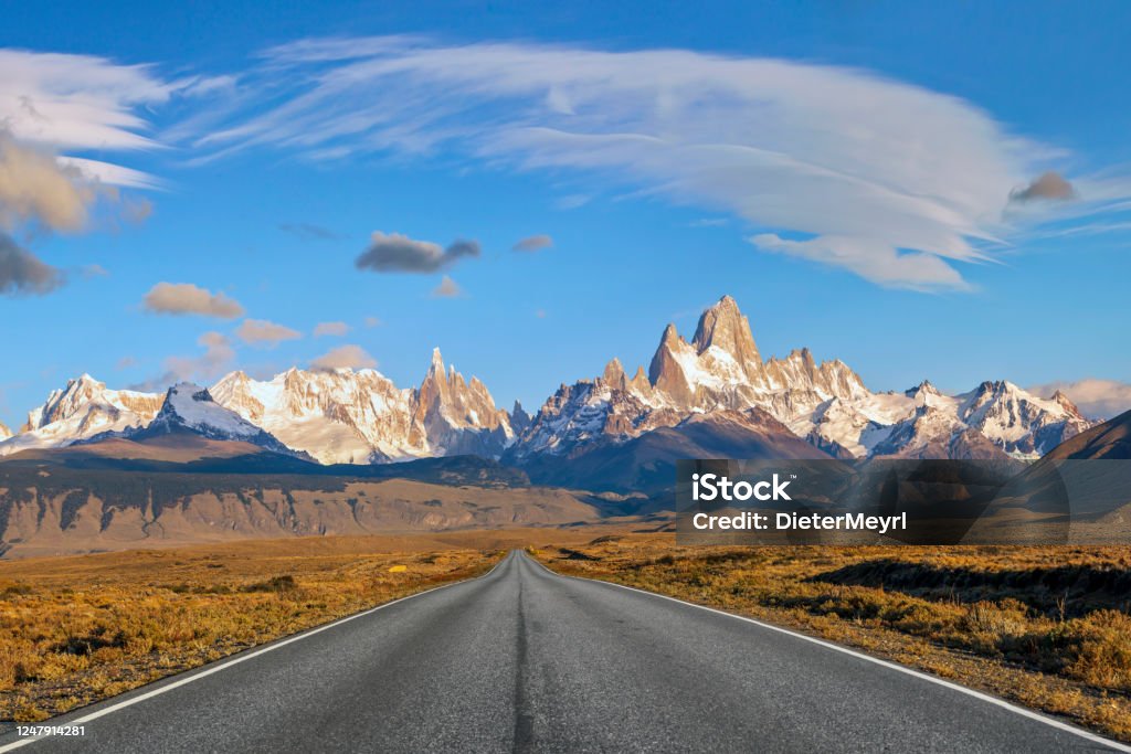 Road to El Chalten with Fitz Roy at sunrise, Argentina Argentina, Mt Fitzroy, Snow, Adventure, Andes Mt Fitzroy Stock Photo