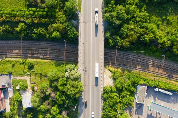 istock Top view of the railway and road. 1247914428