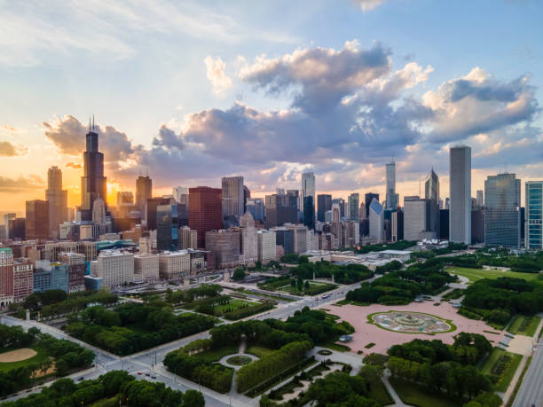 Downtown Chicago at Sunset - Aerial View Downtown Chicago at Sunset - Aerial View From Grant Park grant park stock pictures, royalty-free photos & images