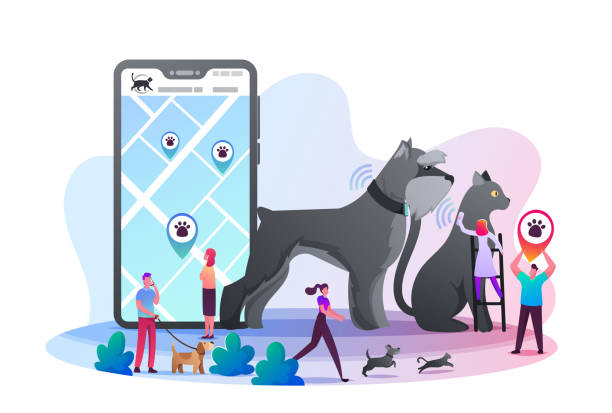 illustrations, cliparts, dessins animés et icônes de les propriétaires utilisent des trackers de contrôle gps pour leurs animaux de compagnie. les caractères minuscules mâles et féminins à l’énorme smartphone avec la carte de ville et les épingles de navigation montrent le mouvement des animaux dom - traqueur de gibier