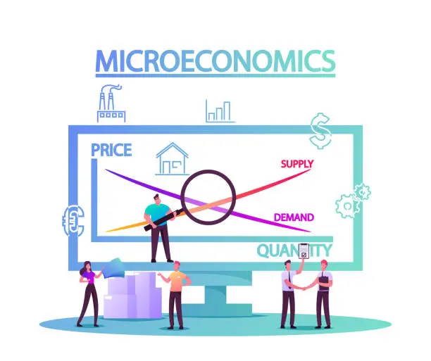 Vector illustration of Microeconomics, Tiny Characters Local Business Increase Money Profit Stats, Product Positive Value. Individual Company Resources Price Balance. Economy Study Basics. Cartoon People Vector Illustration