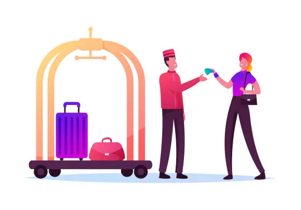 Vector illustration of Tourist Female Character Giving Tips to Doorman in Uniform Deliver her Luggage in Room. Hospitality Service, Hostess. Woman Gratitude Hotel Staff for Good Work. Cartoon People Vector Illustration