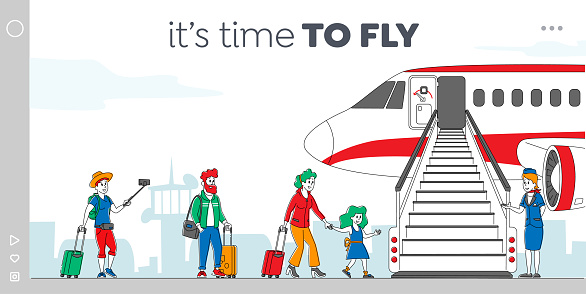 Characters Boarding on Airplane Landing Page Template. People Stand in Queue on Plane in Airport. Passengers and Stewardess Stand at Jet Ladder to Board for Air Travel. Linear Vector Illustration