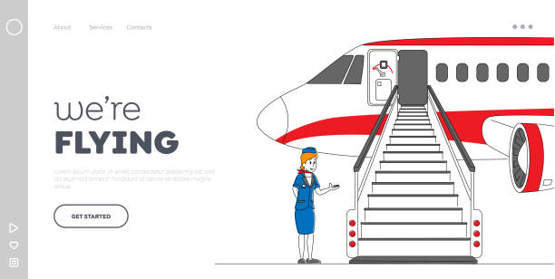 Departure to Destination Place Landing Page Template. Airline Staff Stewardess Character, Flight Attendant, Air Hostess Girl Inviting Passengers on Airplane Boarding. Linear Vector Illustration Departure to Destination Place Landing Page Template. Airline Staff Stewardess Character, Flight Attendant, Air Hostess Girl Inviting Passengers on Airplane Boarding. Linear Vector Illustration busines travel stock illustrations