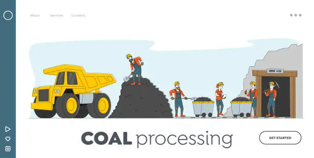 Vector illustration of Coal Mining Landing Page Template. Miner Characters Working on Quarry with Tools, Transport and Technique. Extraction Industry Technics, Work Equipment for Quarry. Linear People Vector Illustration