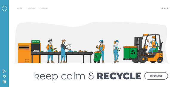 Litter Industry Landing Page Template Characters Working on Waste Recycling Plant with Containers for Garbage Separation and Forklift Truck to Reduce Eco Pollution. Linear People Vector Illustration