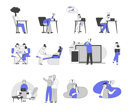 Set of Male and Female Business Characters Working Burnout. Women Apply Spa Procedures in Salon. Senior People Use Gadgets. Men and Women Communicate with Smartphones. Linear Vector Illustration