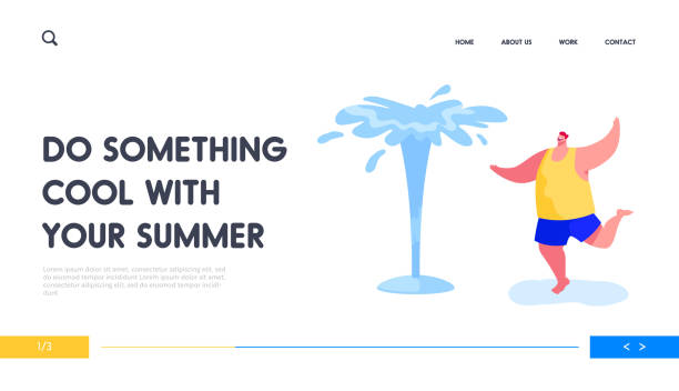 Leisure, Summertime Relax, Fun Landing Page Template. Happy Man Splashing with Water in Hot Summer Time Season Weather. Male Character Running Wet, Fountains on Street. Cartoon Vector Illustration vector art illustration