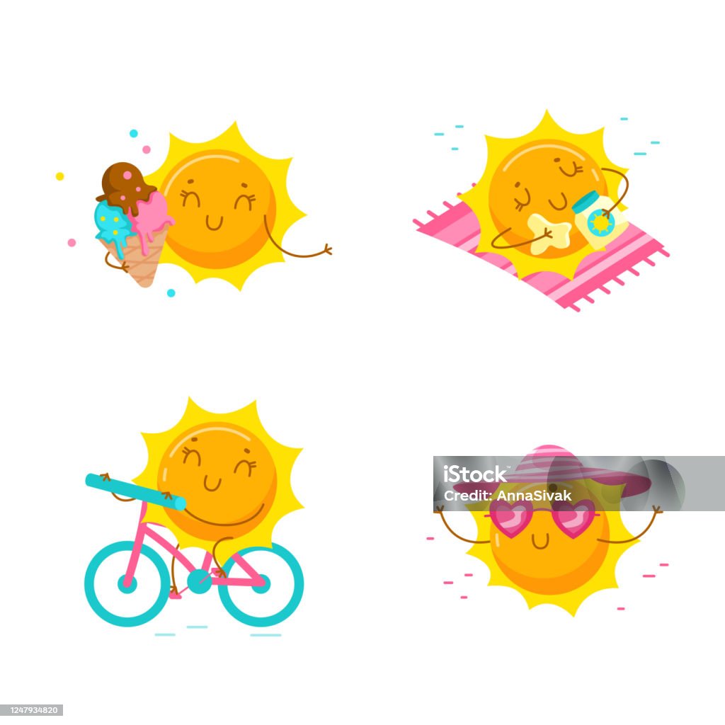 Ilustración de Conjunto De Personajes Lindos De Dibujos Animados Sol Kawaii  Personage En Vacaciones De Verano Actividad De Verano Y Tiempo Libre Funny  Sun Ride Bike Eat Ice Cream Tan Camiseta Aislada