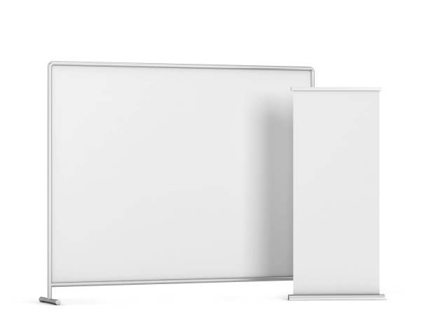 istock Press wall with roll-up banner mockup 1247940276