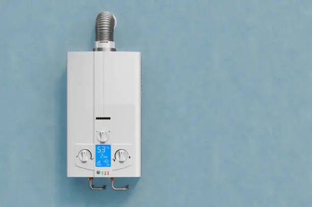 Gas boiler, water heater on the blue wall. 3D rendering