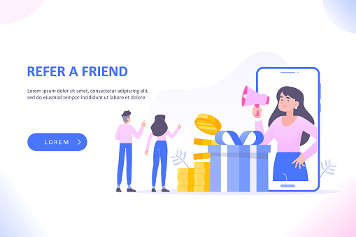 Referral marketing or affiliate marketing concept. Young woman shouts on megaphone and invites her friends to earn online reward from refer a friend loyalty program, vector illustration