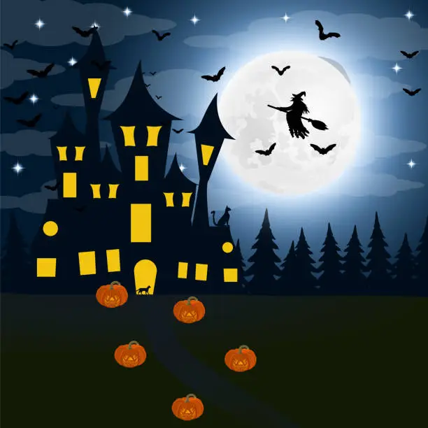 Vector illustration of Halloween, the witch s house on the full moon. Bats