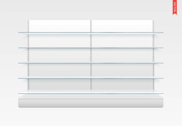 istock Set of Long Glass Shelves Vector Isolated on the Metal Back Background 1247961411