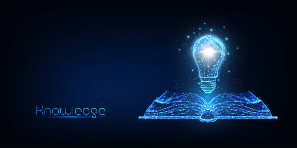 Futuristic knowledge, creative thinking concept with glowing low polygonal book and lightbulb Futuristic knowledge, inspiration, creative thinking concept with glowing low polygonal book and electric light bulb on dark blue background. Modern wire frame mesh design vector illustration. dynamic link library stock illustrations