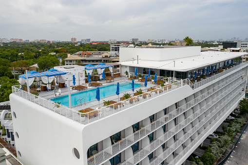 Miami, FL, USA - June 6, 2020: Mr C Coconut Grove Miami Hotel rooftop pool