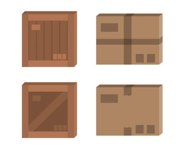 вектор картонная коробка макет набора. коробка и деревянная коробка плоская иллюстрация. - carton backgrounds box brown stock illustrations