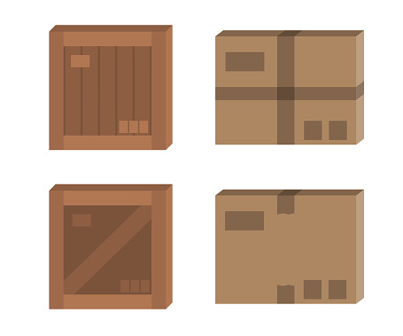Vector cardboard box mockup set. Carton and wooden box simple flat illustration.
