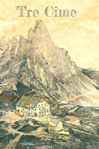 istock Tre Cime and Dreizinnen hut in Dolomites, sketch on paper 1247969669