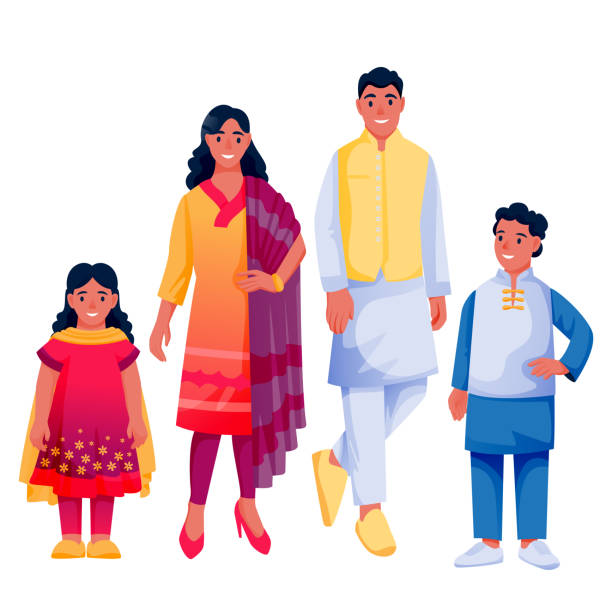 白い背景に2人の子供を持つインドの家族。父、母、男の子、伝統的な服を着た女の子。ベクトルの図 - indian ethnicity women smiling white background点のイラスト素材／クリップアート素材／マンガ素材／アイコン素材