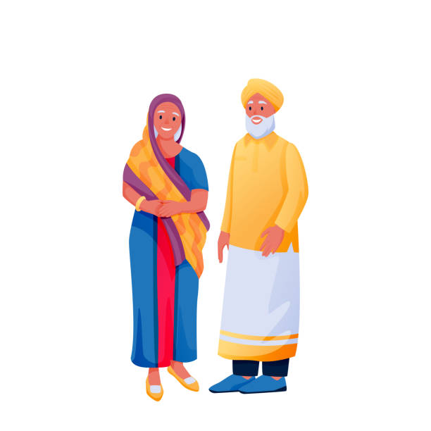 Indian senior couple, isolated on white background. Indian woman in sari, man in shirt and turban. Vector illustration Indian senior happy couple in traditional clothing, isolated on white background. Indian woman in colorful beautiful sari and man in shirt and turban. Vector flat cartoon characters illustration old indian stock illustrations