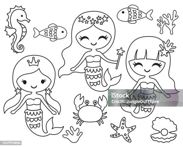 Outline Mermaid And Sea Animals Vector Illustration For Coloring Stock  Illustration - Download Image Now - iStock