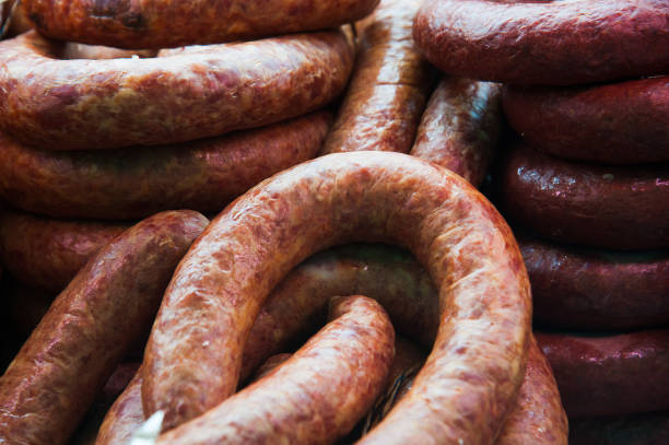 istock Sausages in a butcher shop window 1247971030