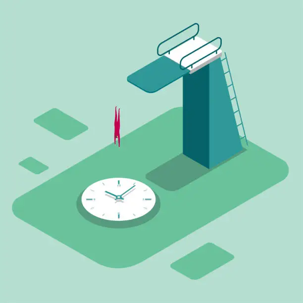 Vector illustration of A man jumps into a clock from a diving platform.