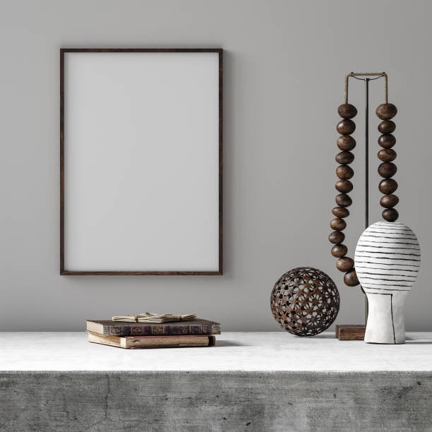 Mockup poster frame with ethnic decor close up in loft interior